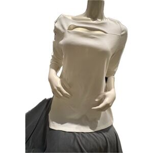 NEW Boston Proper Beyond Travel White Cutout Neck Top 3/4 Sleeve Top Large